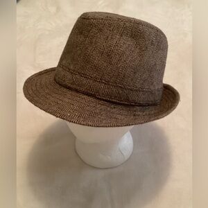Fair Weather Brown & Cream w Gold threads Herringbone Wool Fedora Hat One Size